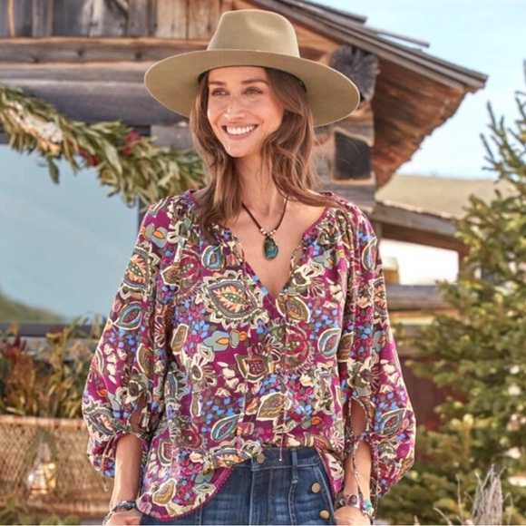 Sundance Belladonna Beauty Peasant Blouse 3/4 Sleeve Floral Cotton Top - Picture 2 of 16